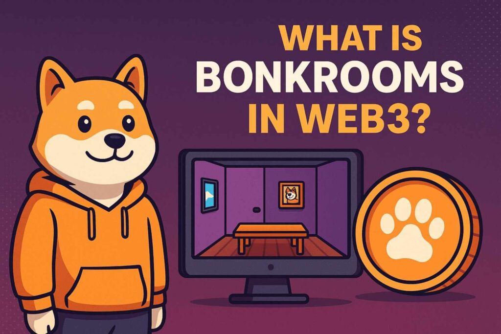 Cartoon Shiba Inu dog in hoodie standing beside a pixelated Web3 room on a computer screen, with a paw-print crypto coin and bold text asking 'What Is BonkRooms in Web3?' against a digital background.