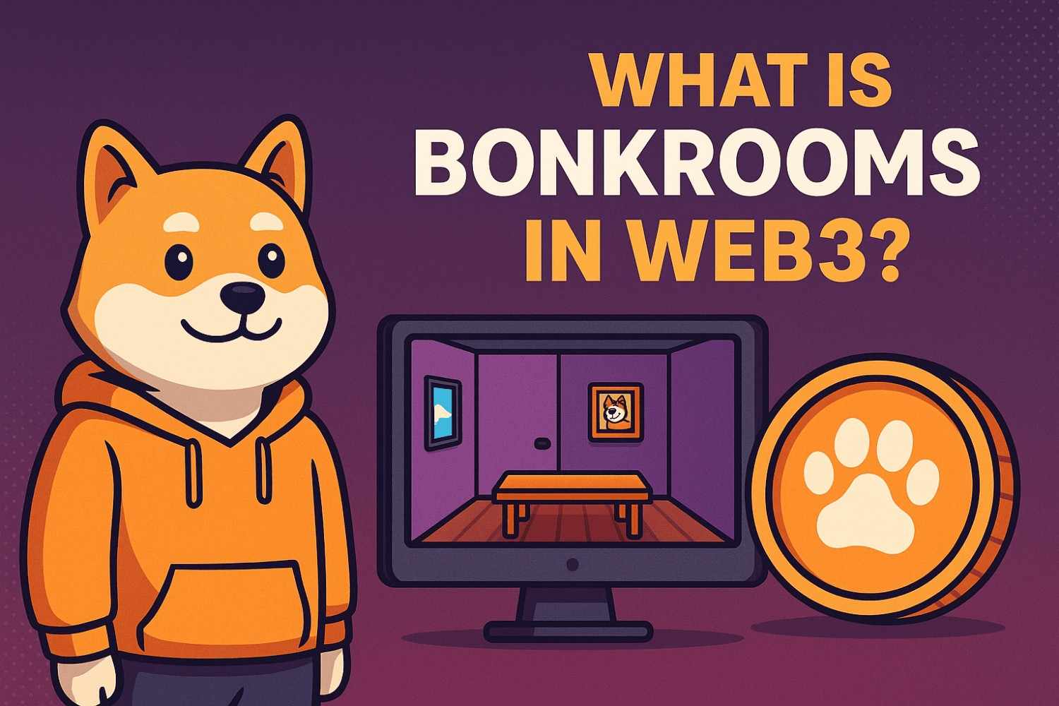 Cartoon Shiba Inu dog in hoodie standing beside a pixelated Web3 room on a computer screen, with a paw-print crypto coin and bold text asking 'What Is BonkRooms in Web3?' against a digital background.