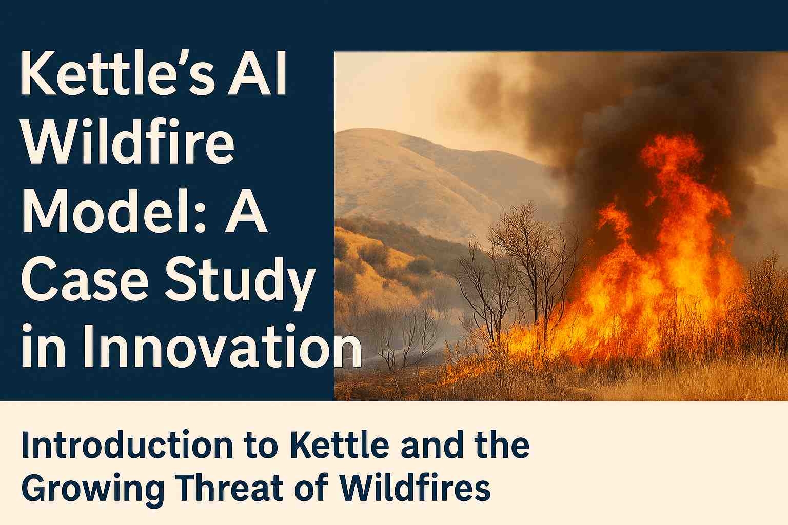 Digital case study graphic titled “Kettle’s AI Wildfire Model: A Case Study in Innovation,” featuring bold text on a dark blue background and a vivid image of a wildfire blazing through dry vegetation in front of a mountainous backdrop.