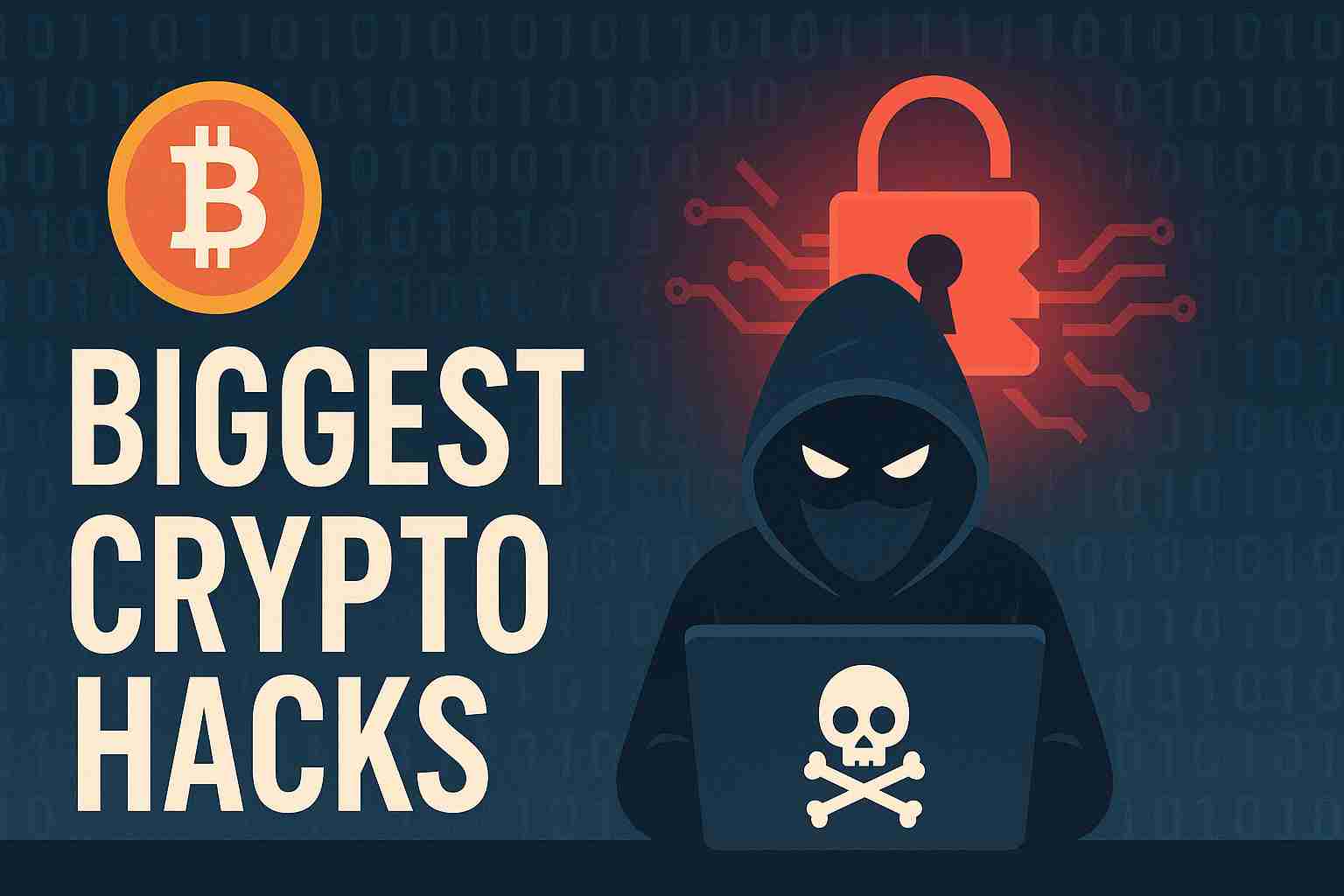 Illustration of a masked hacker with a skull laptop and a broken padlock icon, representing the biggest crypto hacks in blockchain history, with binary code background and Bitcoin symbol.