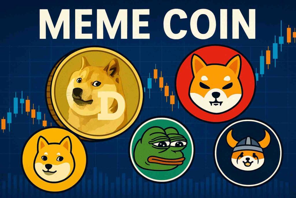 Illustration featuring popular meme coin logos including Dogecoin, Shiba Inu, PepeCoin, Floki Inu, and Kabosu set against a financial candlestick chart background.