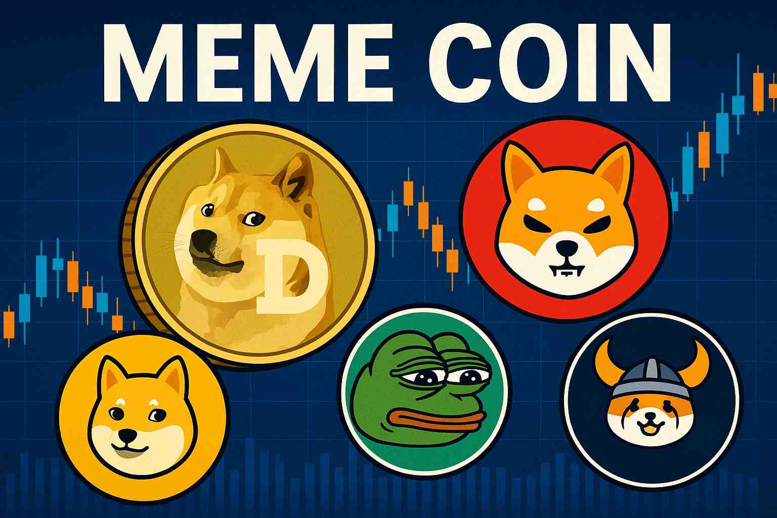 Illustration featuring popular meme coin logos including Dogecoin, Shiba Inu, PepeCoin, Floki Inu, and Kabosu set against a financial candlestick chart background.
